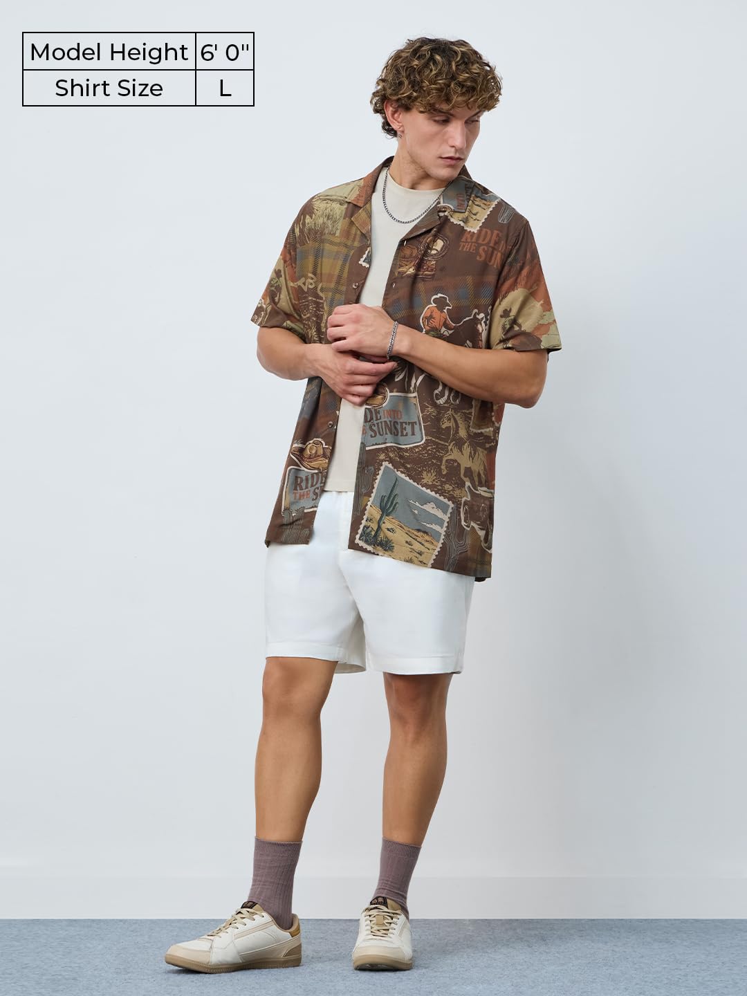 The Souled Store Summer Shirt: Cowboy Men and Boys Short Sleeves Collared Neck Button Front Brown All Over Printed Regular Fit R