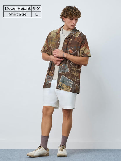 The Souled Store Summer Shirt: Cowboy Men and Boys Short Sleeves Collared Neck Button Front Brown All Over Printed Regular Fit R