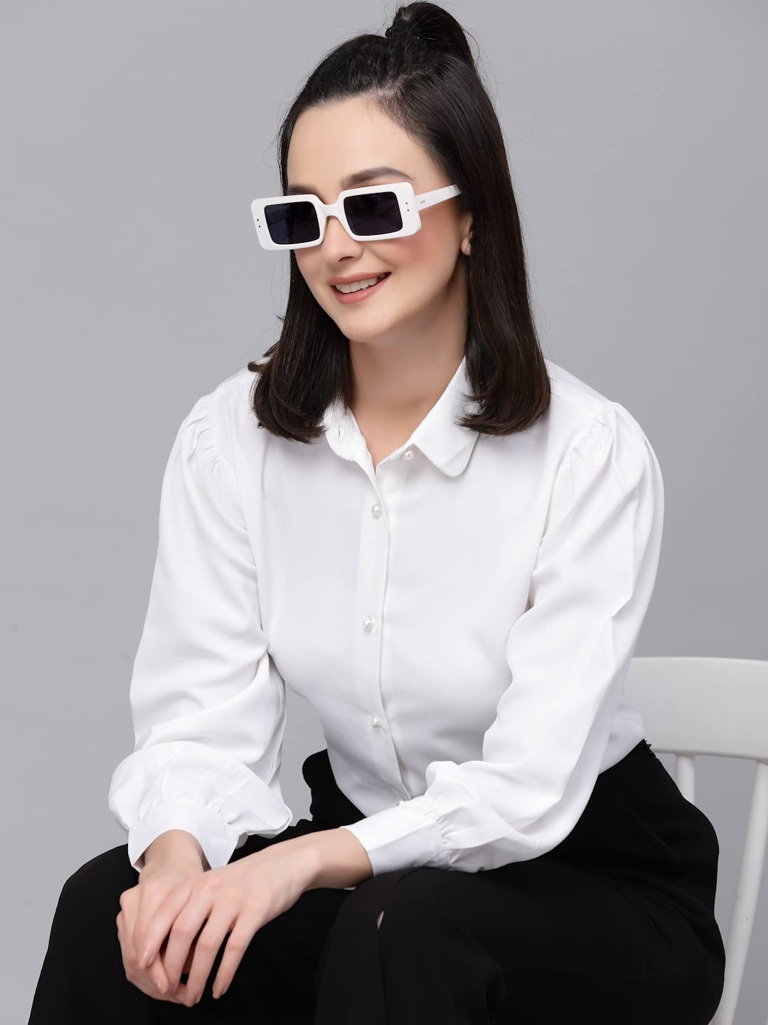 Style Quotient Women Solid White Polyester Formal Shirt