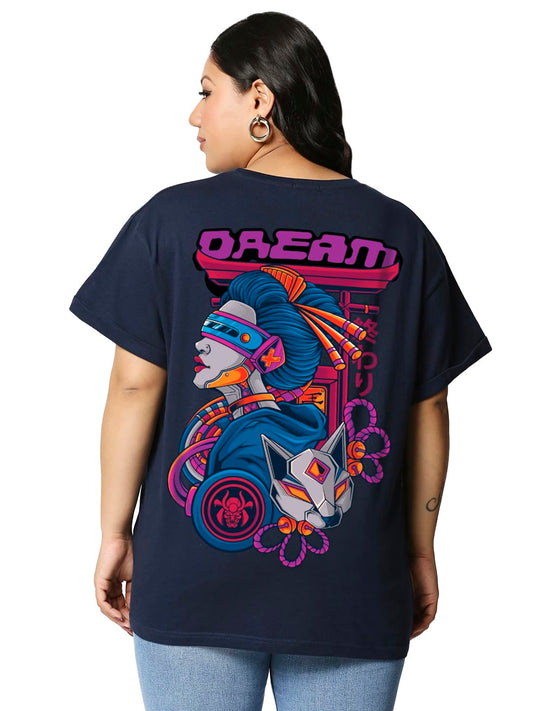 Bewakoof Womens Graphic Print Boyfriend Fit Half Sleeve Round Neck Cotton Plus Size T-Shirt_603300_Blue_5XL