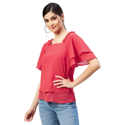 Rare Women Casual Red Colour Square Neck Solid Regular Top