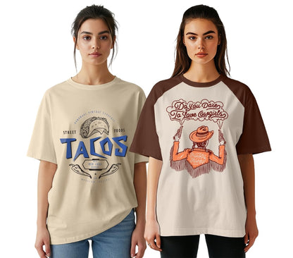 Juneberry Pack Of 2, 100% Pure Cotton, Round Neck, Oversized, Loose, Baggy Fit, Drop Shoulder, Graphic Printed, Half Sleeve T-Sh