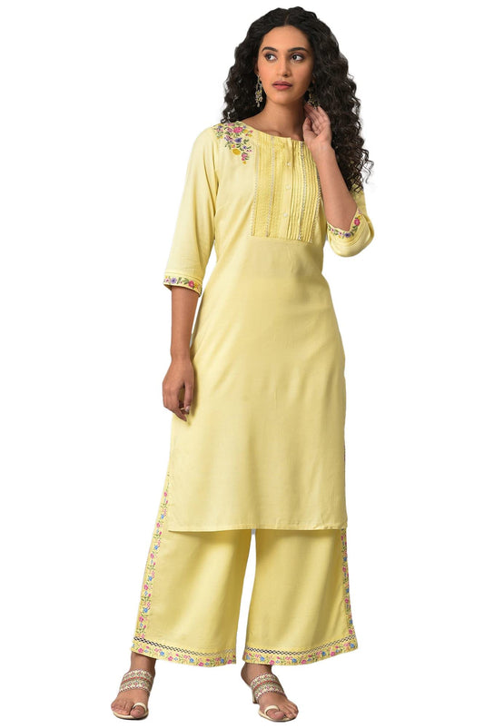 W for Woman Yellow Embroidered Plus Size Summer Kurta with Pleats on Yoke