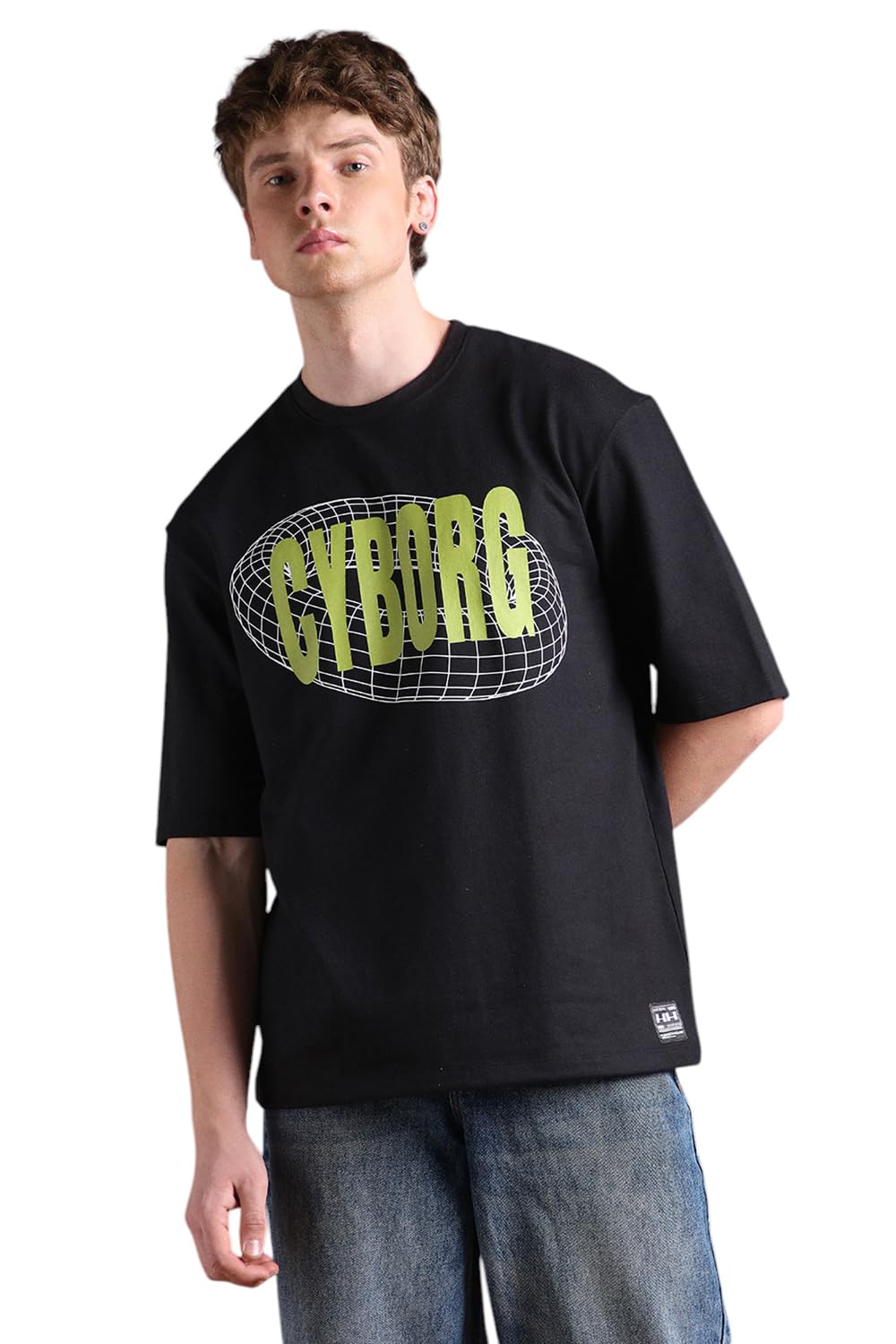 Hubberholme Men Printed Oversized Round Neck Half Sleeves Tshirts 34 Black