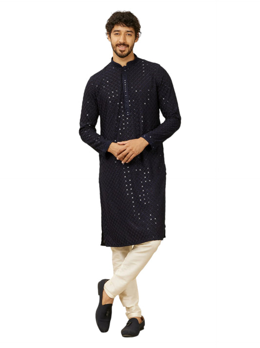 Manyavar Dark Blue Viscose Embroidery|Sequin Work Kurta Pyjama Set For Men