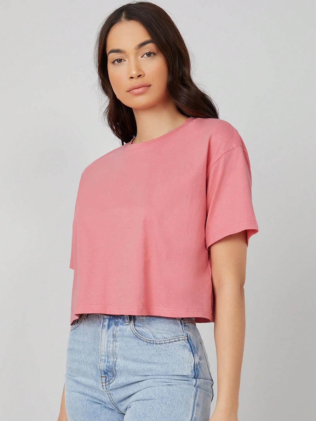 Kotty WomenS Solid Cotton Blend Oversized Crop T-Shirts