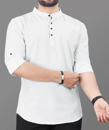 Deemoon MenS Cotton Blend Full Sleeve Short Kurta With Mandarin Collar Crafted From A Premium Cotton Blend White