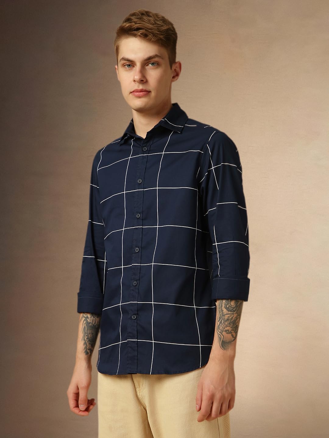Dennis Lingo MenS Navy Full Sleeve Spread Collar Checkered Regular Fit Casual Shirt