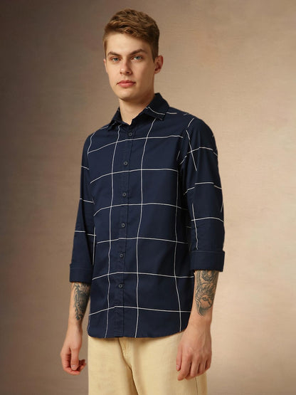 Dennis Lingo MenS Navy Full Sleeve Spread Collar Checkered Regular Fit Casual Shirt