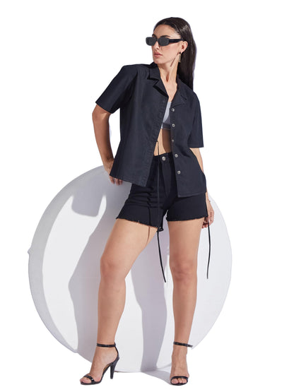 Miss Chase Womens Shirt Collar Short Sleeve Tie Up Solid Regular-Length Denim Shirt (MCSS25DEN66-64-62-06, Black, XL)