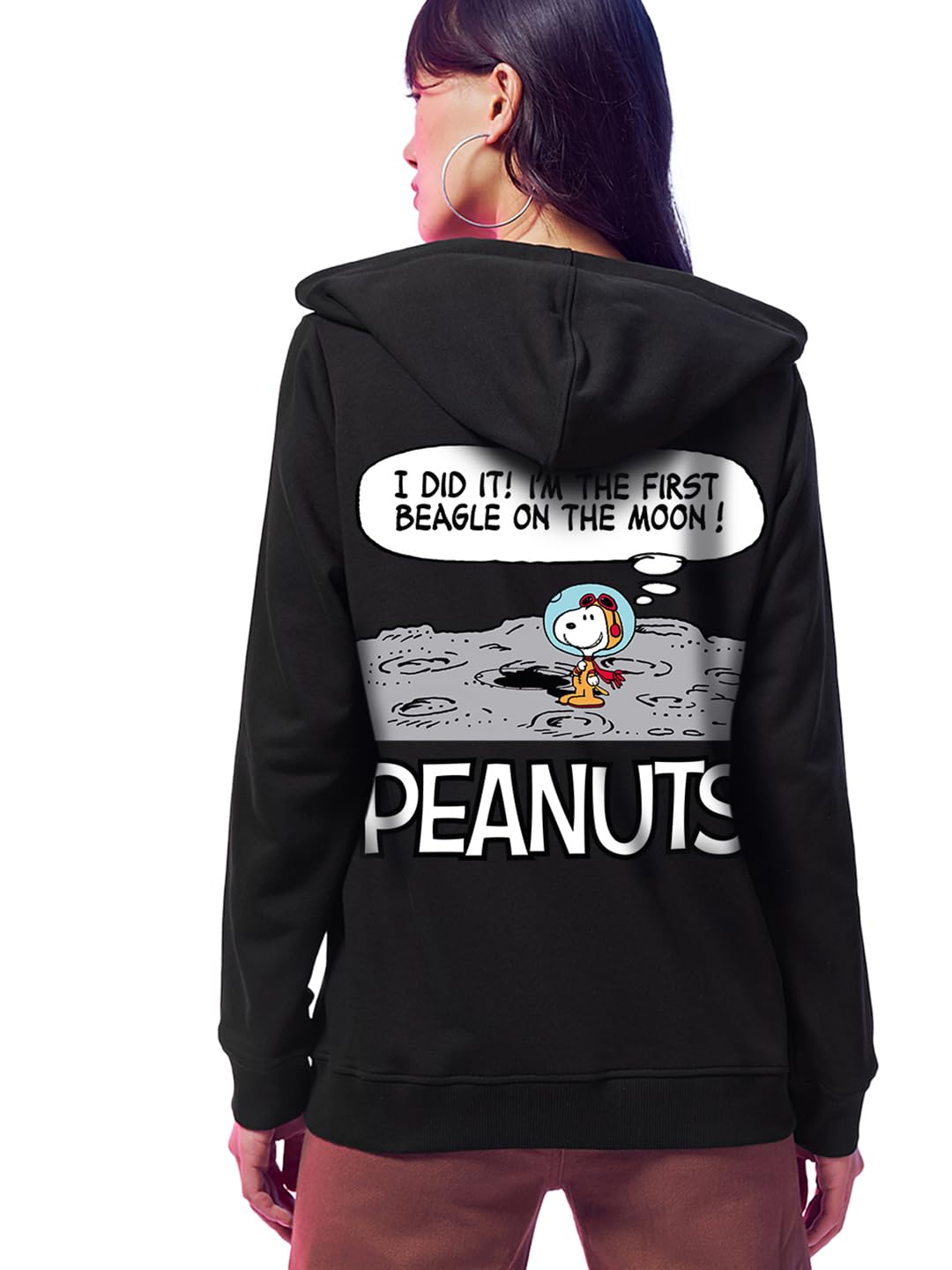 Bewakoof Official Peanuts Merchandise WomenS Graphic Print Regular Fit Full Sleeve Hooded Polycotton Hoodies_648813_Black_L