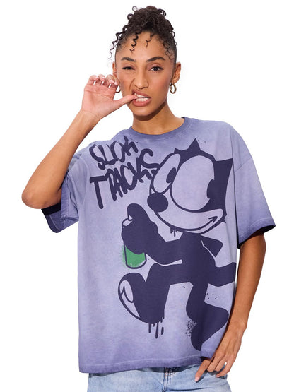 The Souled Store Felix The Cat: Slick Tricks Women and Girls Short Sleeeves Round Neck Purple Graphic Printed Cotton Oversized T