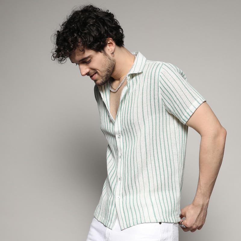 Campus Sutra Mens White & Green Unbalanced Striped Woven Shirt for Casual Wear | Spread Collar | Short Sleeve | Button Closure