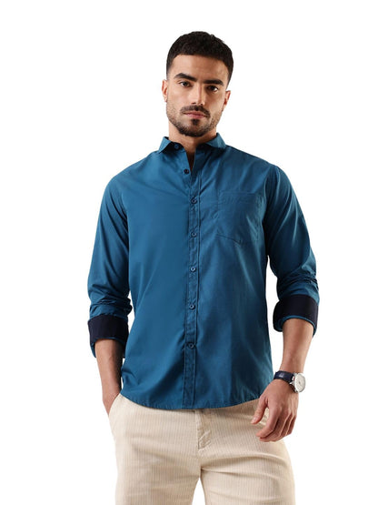 Dennis Lingo Men Teal Solid Chinese Collar Full Sleeves Regular Fit Cotton Casual Shirt