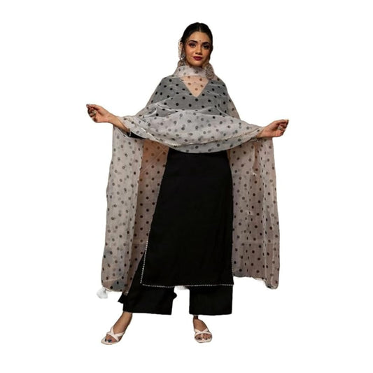 Modestouze Attires WomenS Black Solid Calf Length Neck 3/4 Length Regular Sleeves Kurta And Palazzo Set With Printed Organza Du