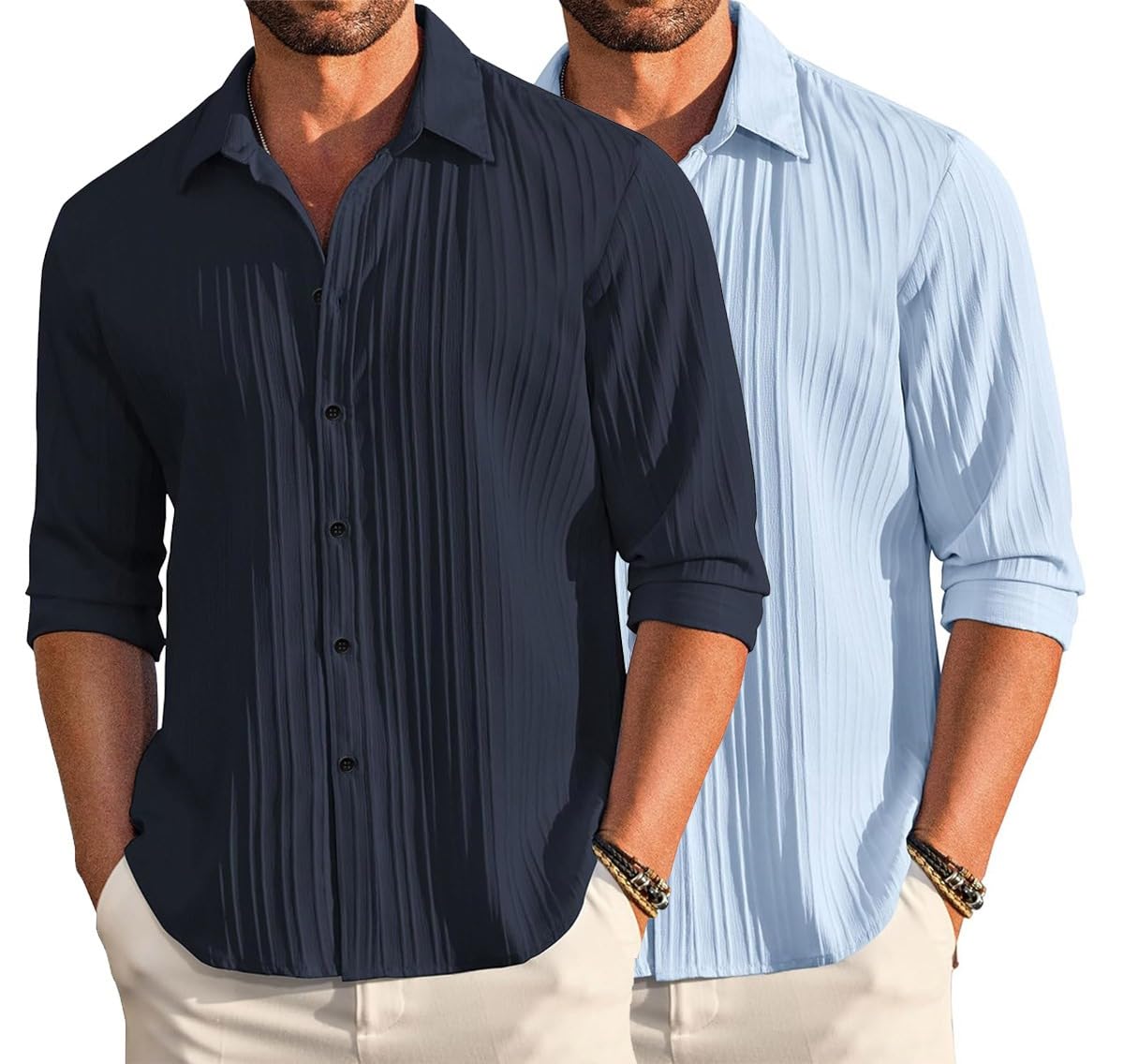 Deelmo Combo Of MenS Casual Button Down Shirts Long Sleeve Linen Shirt Fashion Textured Summer Shirts Pack Of 2