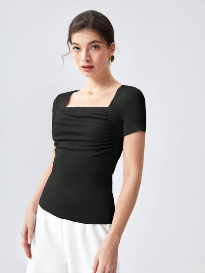 Shasmi Womens & Girls Black Womens Summer Square Neck Solid Color Ruched Tee Workwear Pleated Casual t-Shirt for Women (Top 1