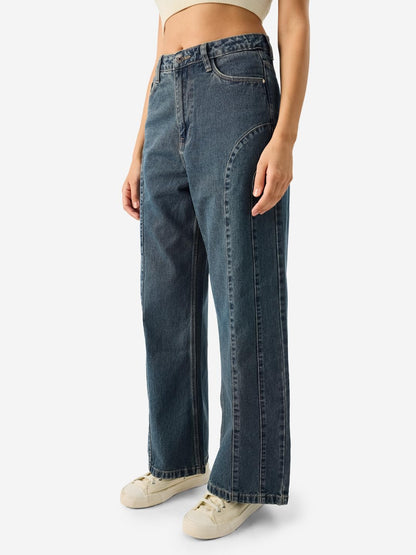 The Souled Store Spruce Women & Girls Solid Oversized Wide Leg Fit Baggy Mid Rise Cotton Blue Jeans