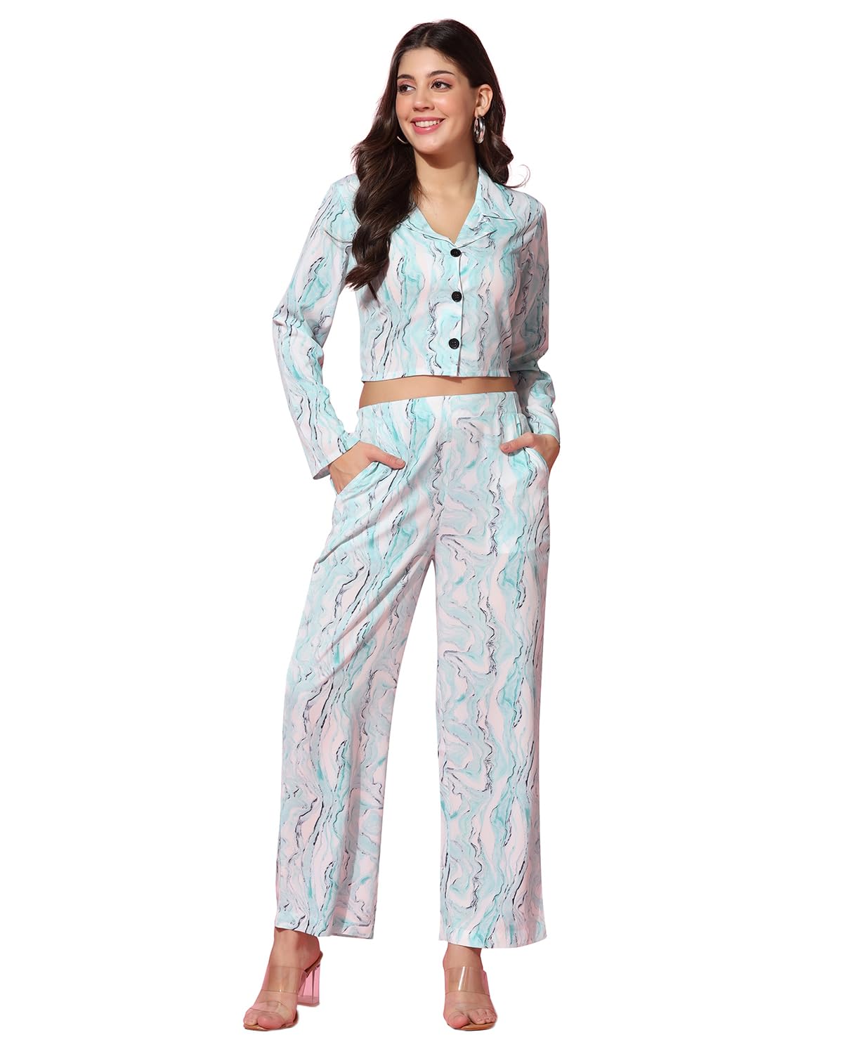 Tagdo Women'S Co-Ords Printed Dress Set (Shirt-Pair-5150-Sky-Xxl)