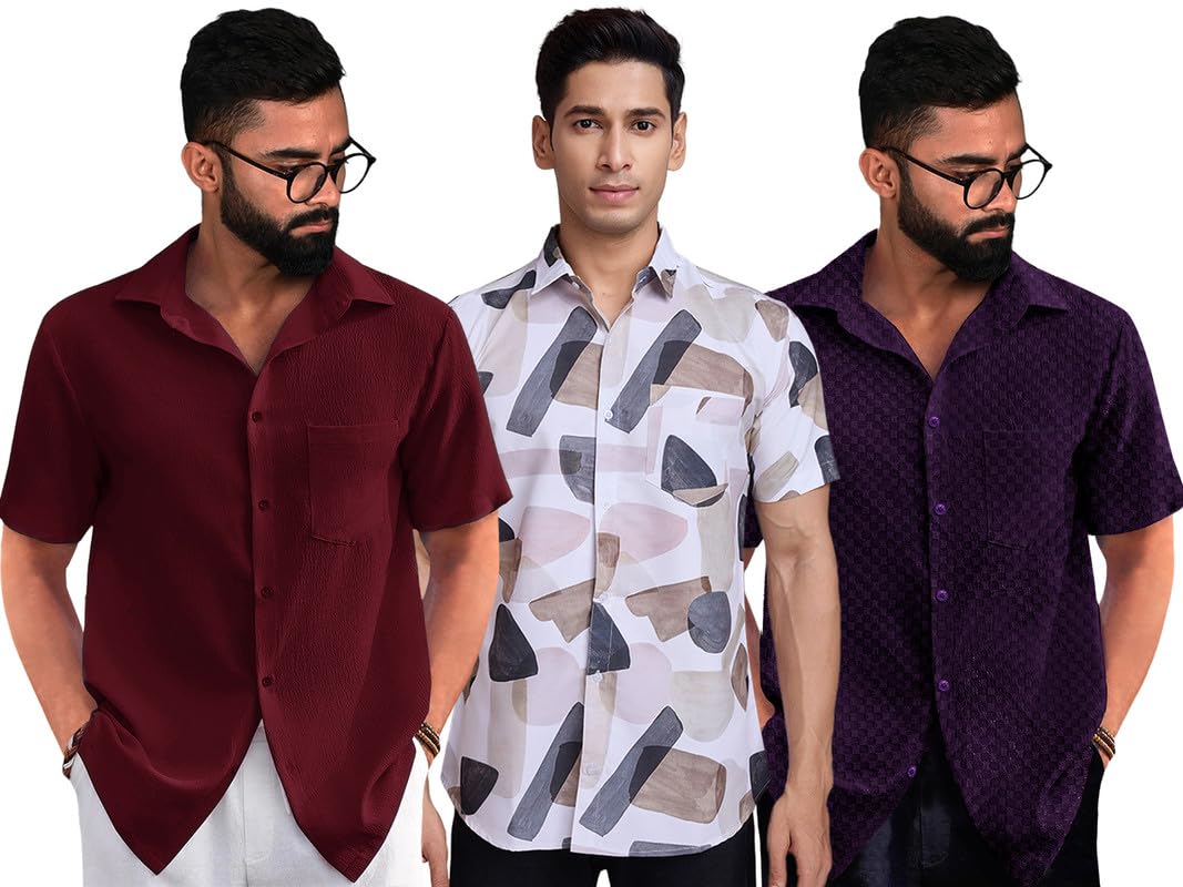 Pinkmint Shirt Combo for Mens l Stylish Half Sleeve Popcorn & Printed Shirt Combo l Beach Wear l Regular Home Wear (Pack of 3)