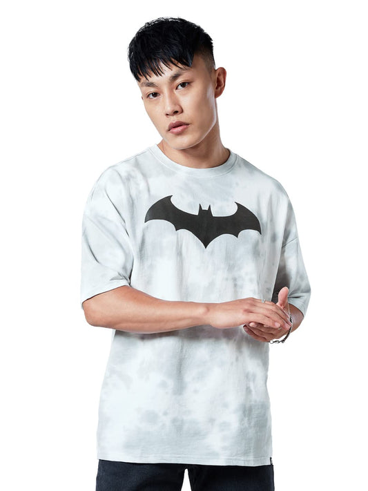 The Souled Store Men Official Batman: Bat Signal Tie Dye Grey Printed Oversized T-Shirts Oversized T-Shirts Fashionable Trendy G