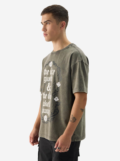 The Souled Store Official Dungeons & Dragons: Dice Give & Take Short Sleeve Round Neck Grey Graphic Printed Cotton Oversized T-S