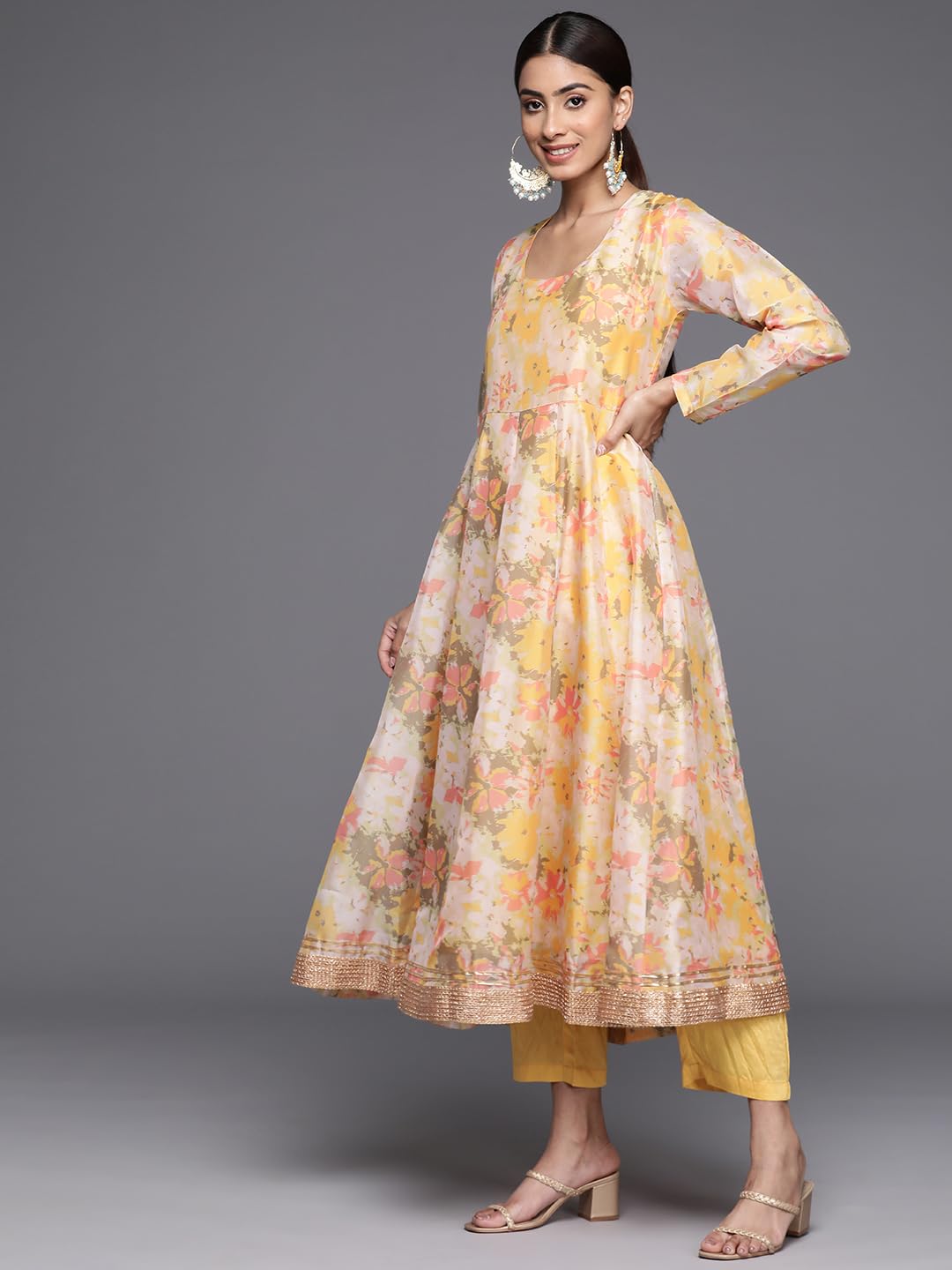 Varanga Women Yellow Floral Printed Round Neck Anarkali Kurta Paired with Tonal Bottom and Contrast Dupatta with Triangular Lace