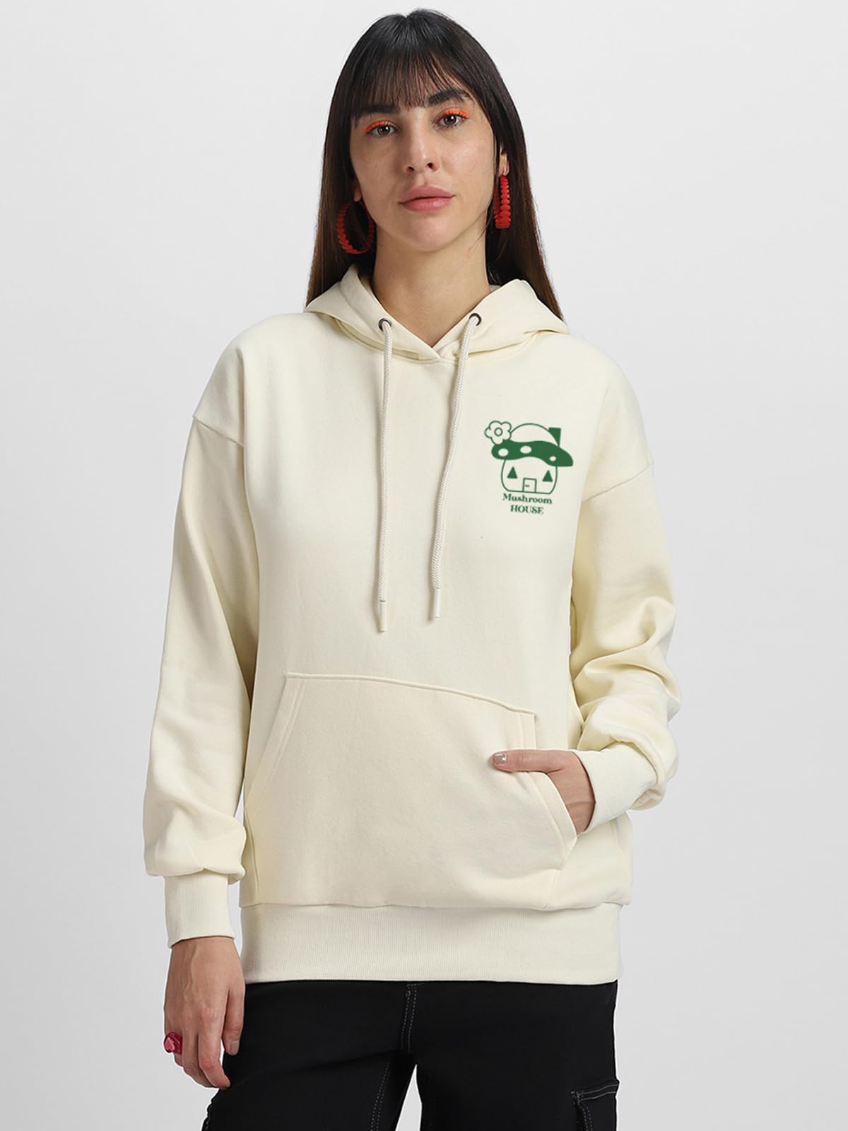 Juneberry Cotton Fleece Regular Fit Hooded Sweatshirt Lastest Back Graphic Printed Winter Hoodies For Women (W02_Mushroom_Mrsmlw