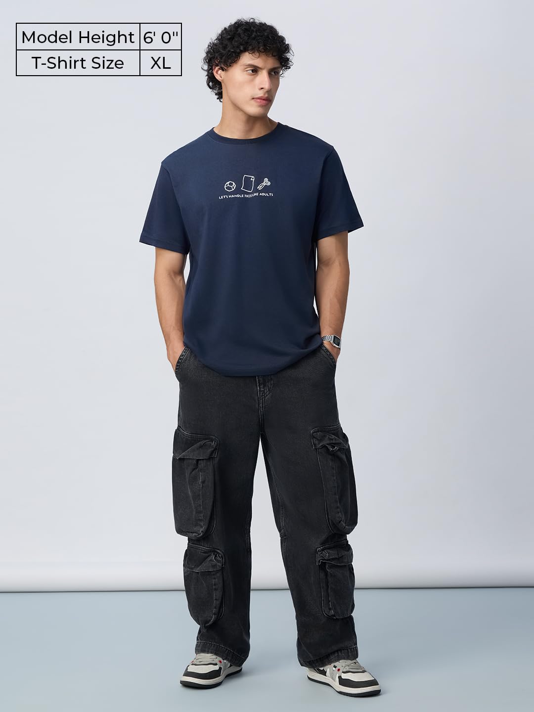 The Souled Store Originals: Handle Like Adults Men and Boys Short Sleeves Round Neck Blue Graphic Printed Relaxed Fit Cotton T-S