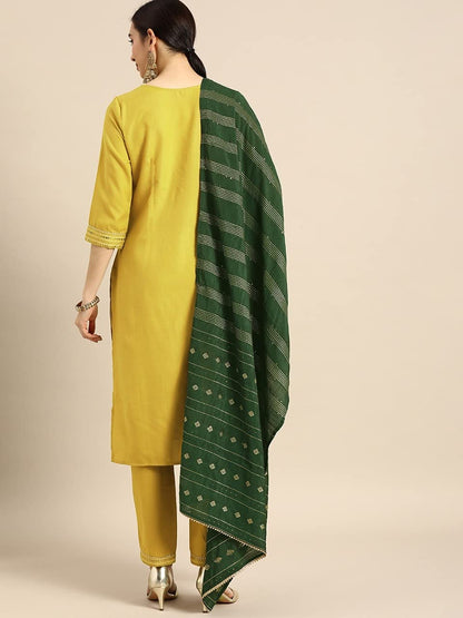 GoSriKi Women's Ruby Cotton Straight Solid Kurta with Palazzo & Dupatta (SURAT Mehandi-GO)