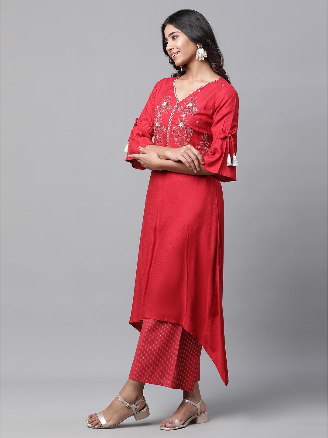 Aurelia Women Red Viscose Asymmetrical Kurta, Palazzos Suit Set