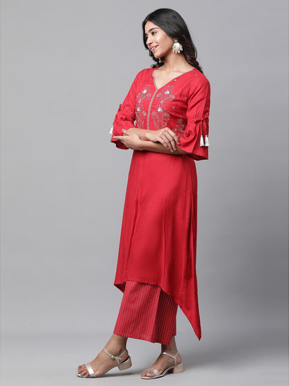 Aurelia Women Red Viscose Asymmetrical Kurta, Palazzos Suit Set