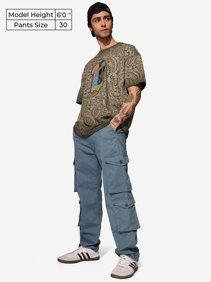 The Souled Store Solids: Steel Blue Men and Boys Buttoned Cotton Blend Straight Fit Cargo Pants