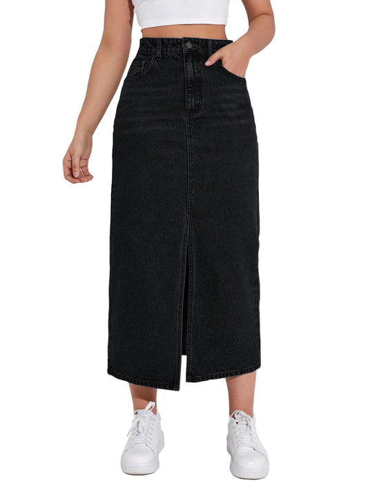 Shasmi Womens Spring/Summer Casual Front Split Thigh Straight Denim Skirt ll Denim Skirt for Women Long ll Skirt & top for Wome