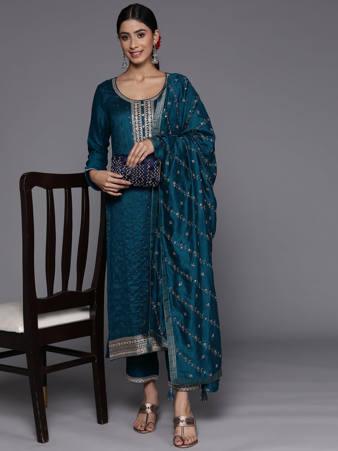 Libas WomenS Silk Blend Kurta Sets (38093O_Teal