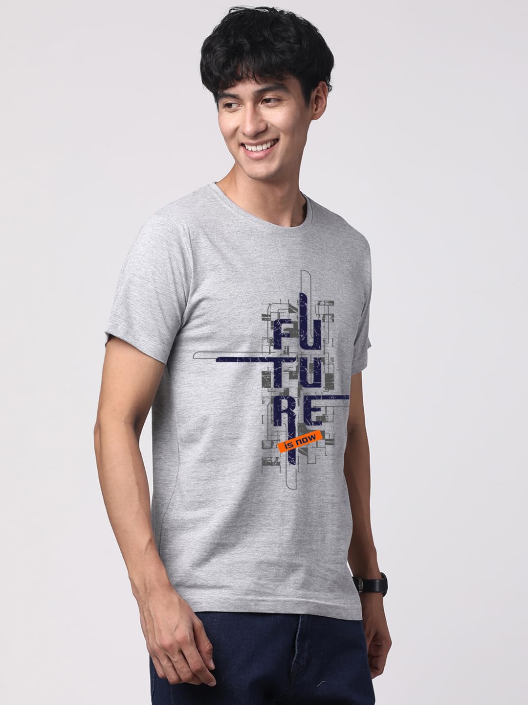 ADRO Men's Graphic Printed 100% Cotton T-Shirt - Regular Fit, Printed T-Shirts for Men (RN24-FTR-GR_Grey)