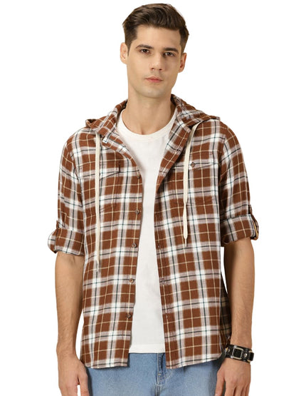 Thomas Scott Tartan Checked 100% Cotton Shirt Hoodie for Mens Coffee