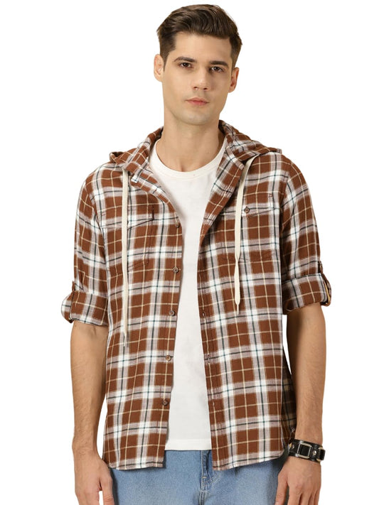 Thomas Scott Tartan Checked 100% Cotton Shirt Hoodie for Mens Coffee