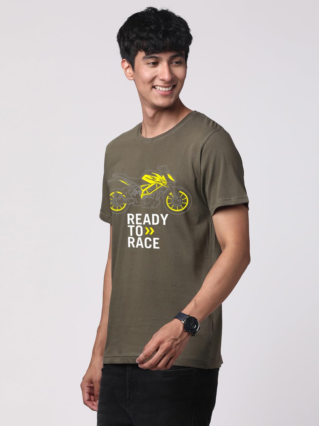 ADRO Men's Biker Design Printed 100% Cotton T-Shirt - Regular Fit, Printed T-Shirts for Men (RN24-KTM-OL_Olive)