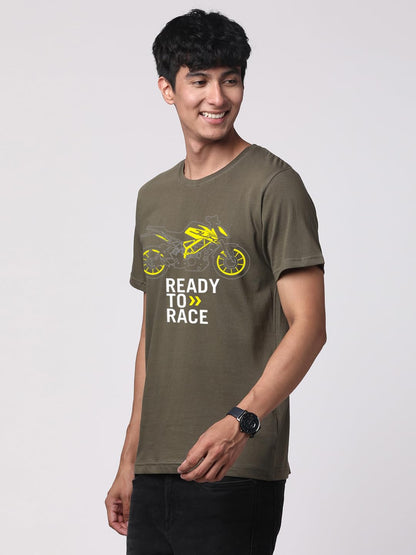 ADRO Men's Biker Design Printed 100% Cotton T-Shirt - Regular Fit, Printed T-Shirts for Men (RN24-KTM-OL_Olive)