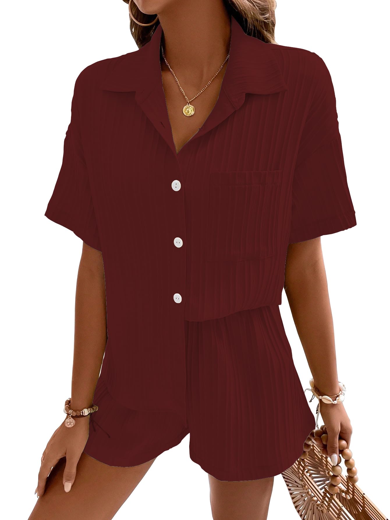 Shasmi Women & Girls Maroon Solid Color Button Front Vacation Solid Texture Short Sleeve Loose Fit Drop Shoulder Pocket Shirt an