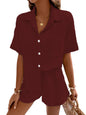 Shasmi Women & Girls Maroon Solid Color Button Front Vacation Solid Texture Short Sleeve Loose Fit Drop Shoulder Pocket Shirt an