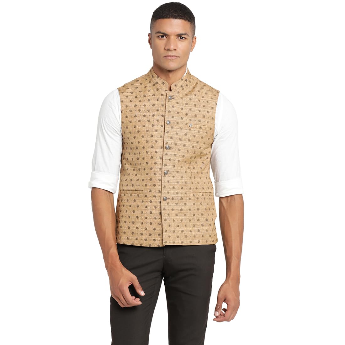 Turtle Men 100% Cotton Dobby Print Brown Nehru Jacket