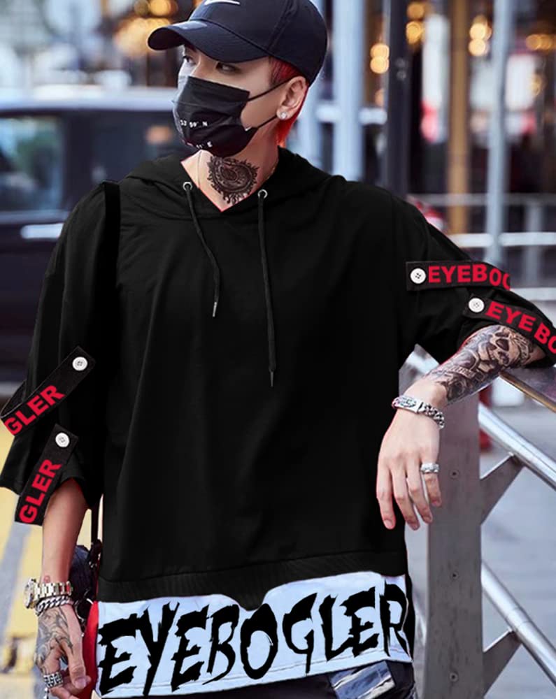 Eyebogler Mens Hooded Neck Loose Fit Half Sleeves Printed T-Shirt Black White