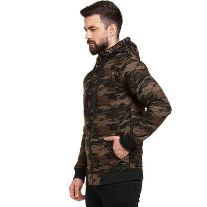 Campus Sutra Mens Olive Green Camouflage Regular Fit Cotton Jacket For Winter Wear | Hooded Collar | Full Sleeve | Zipper | Cas