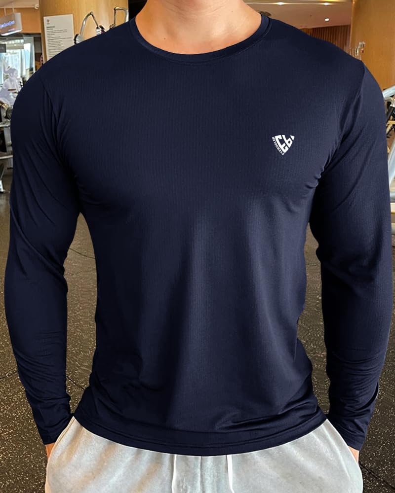 Eyebogler Men Dry Fit Round Neck Full Sleeve Activewear Tshirt Navy Blue