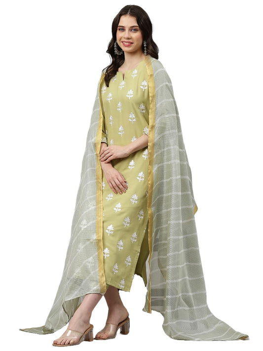 GoSriKi Womens Cotton Blend Kurta Pant With Dupatta