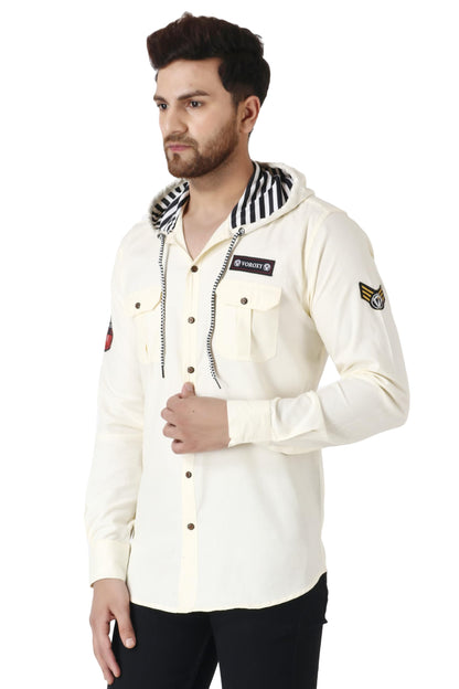Besix MenS Cream Tailored Fit Cotton Blend Shirt For Man With Hoodie - Casual Long Sleeve Shirt With Pockets - Patch Detail For