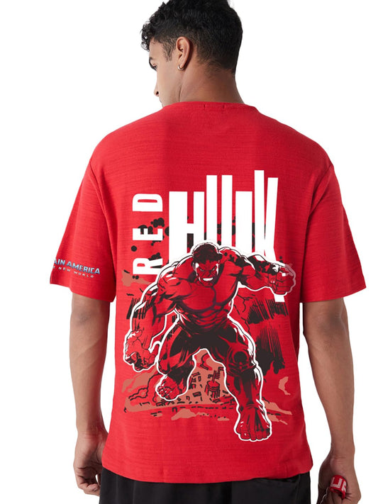 Bewakoof Air 1.0 Official Marvel Merchandise Hulk Mens Graphic Print Oversized Fit Half Sleeve Round Neck Slub Cotton Jersey T-