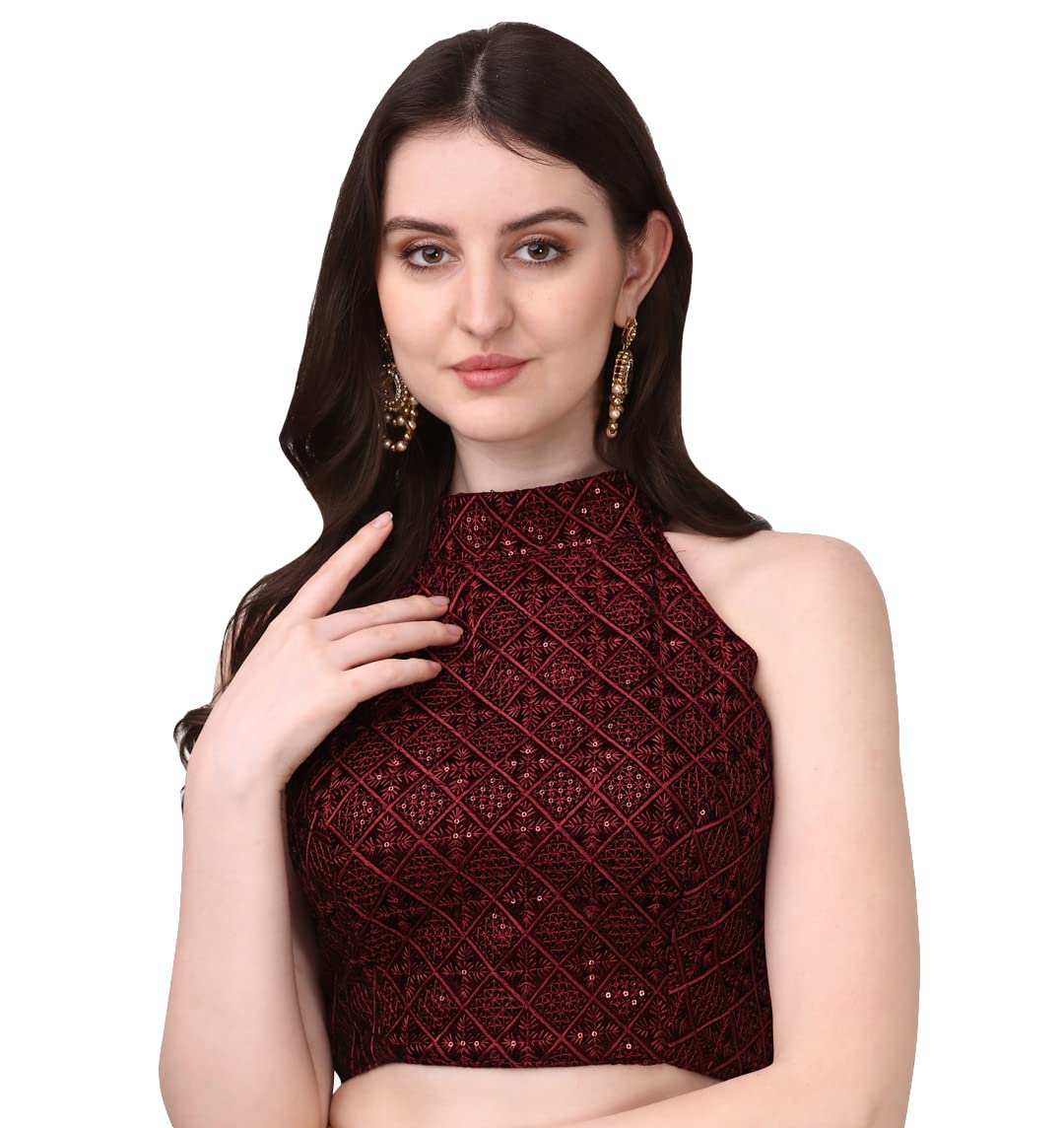 Pujia Mills WomenS Maroon Sleeveless Blouse For Women Halter Neck Chickenkari Sequins Work Readymade Saree Blouse (Diamond Halt